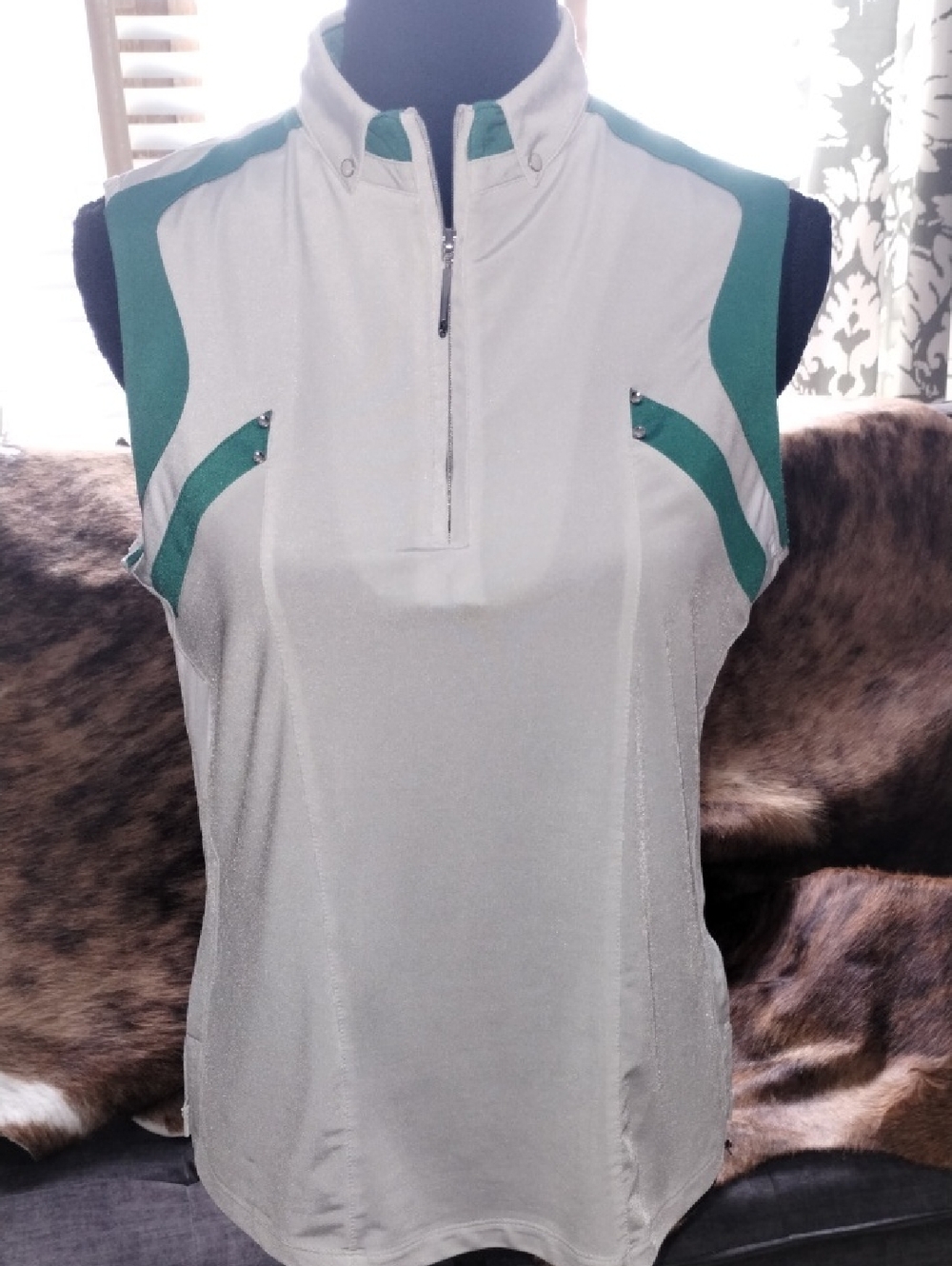 jamie sadock White and Green Sleeveless Zip-Front Athletic Shirt